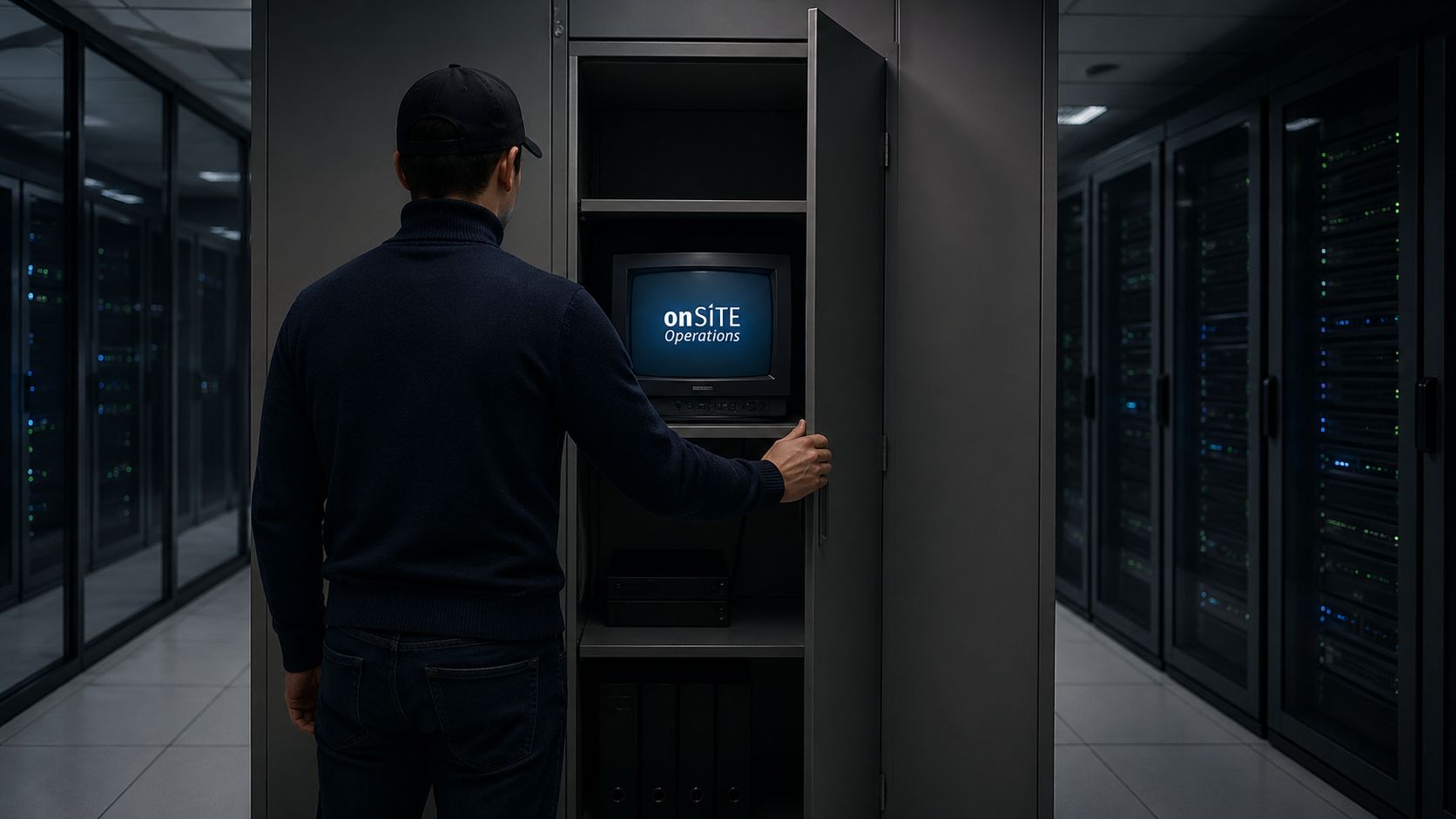 Symbolbild: Server room with technician decommissioning the onSITE Operations application